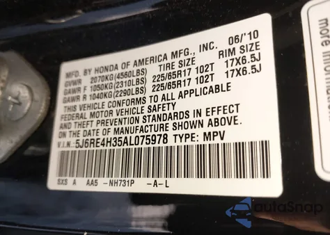 2010 Honda Cr-V Lx z USA, uszkodzony, nr VIN 5J6RE4H35AL075978